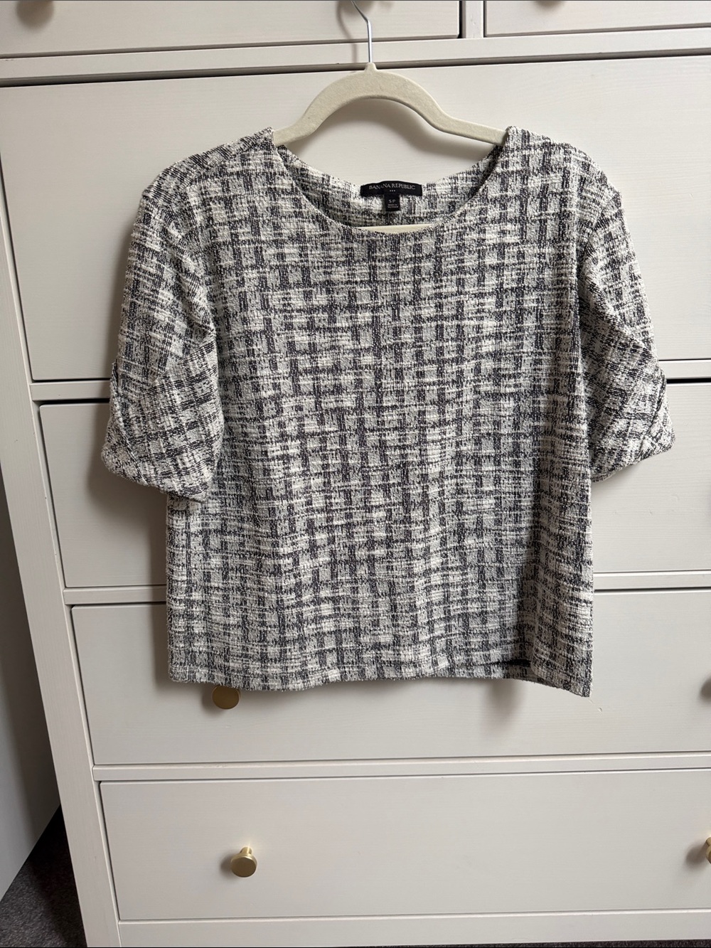 Banana Republic Gray and White Tweed Boxy Short Sleeve Top